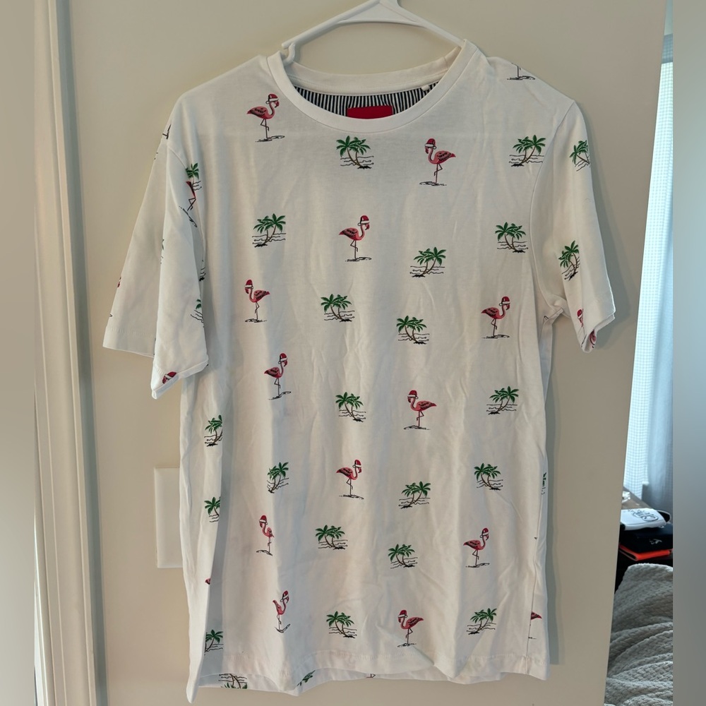 White Flamingo w/ Christmas Hat & Palm Tree Shirt